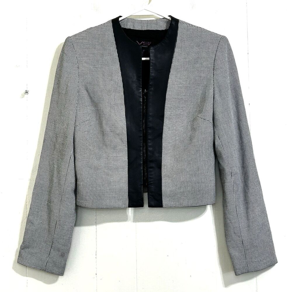 VS2 by Vakko Houndstooth Cropped Blazer Jacket Size 6 Petite Leather Panel Trim